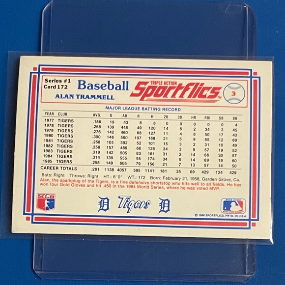 Alan Trammell #172 1986 Sportflics Baseball Trading Card - Picture 2 of 2